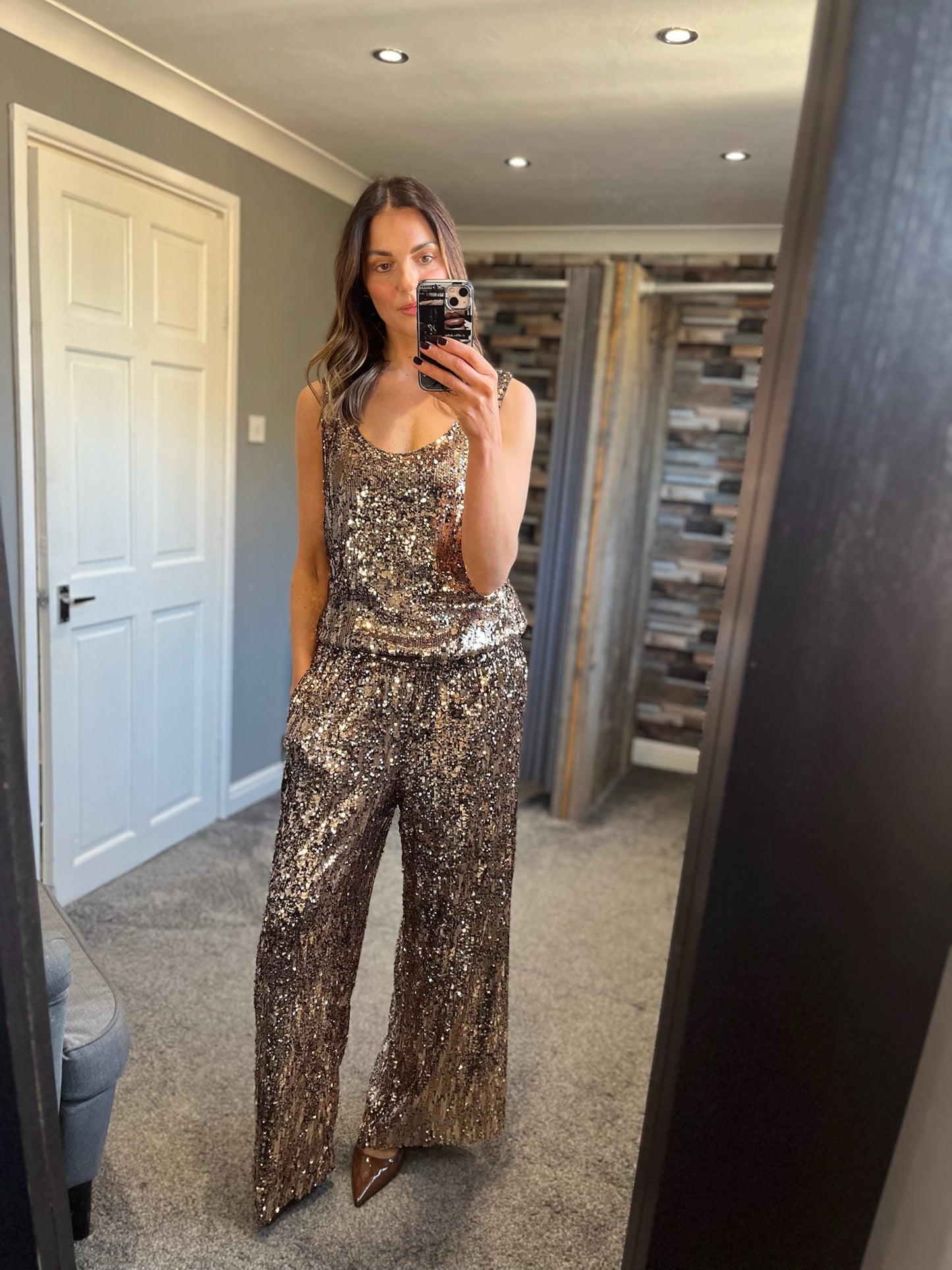 Sequin Wide Leg Trousers - Bronze