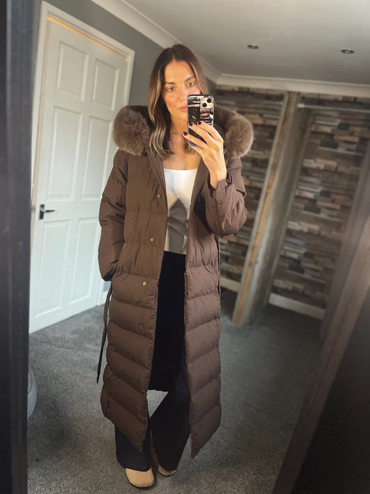 Padded Winter Coat with Fur Trim Hood & Belt