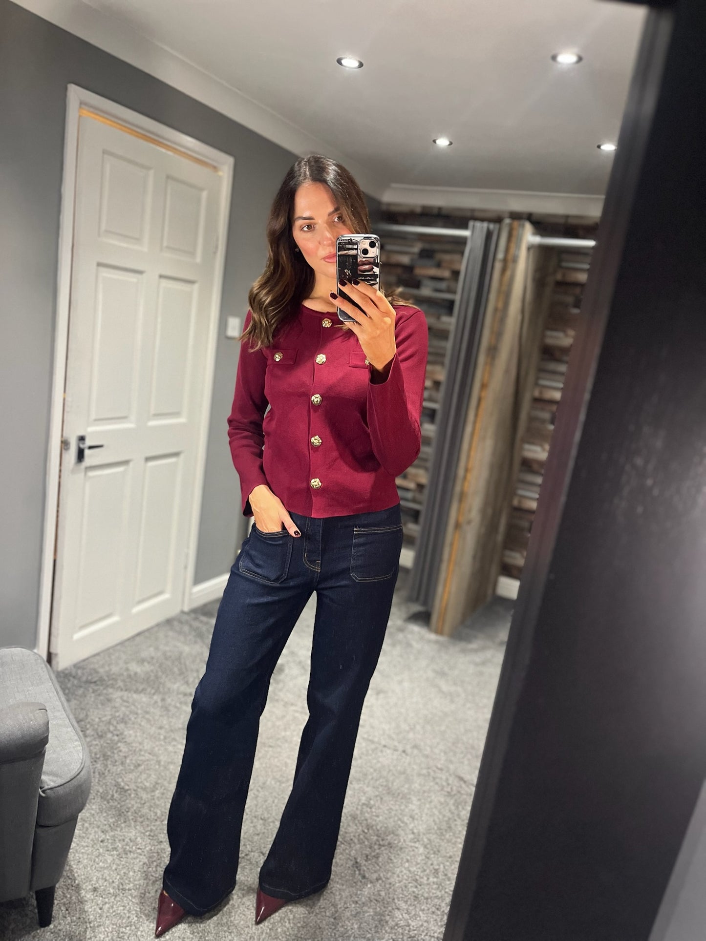 Gold Button Knit Jacket - Wine