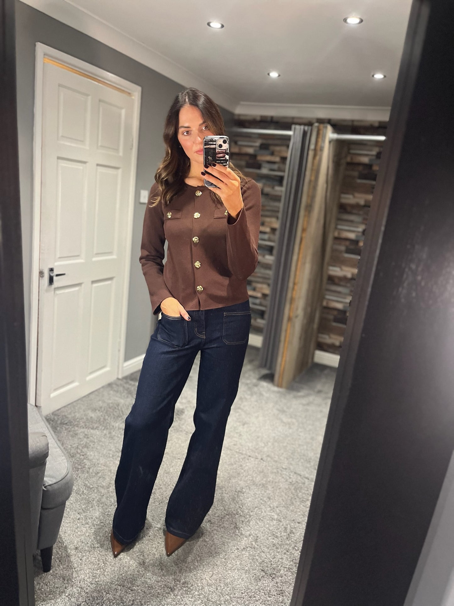 Gold Button Knit Jacket - Brown