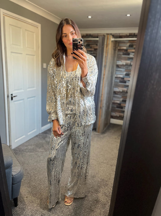 Sequin Wide Leg Trousers - Ice