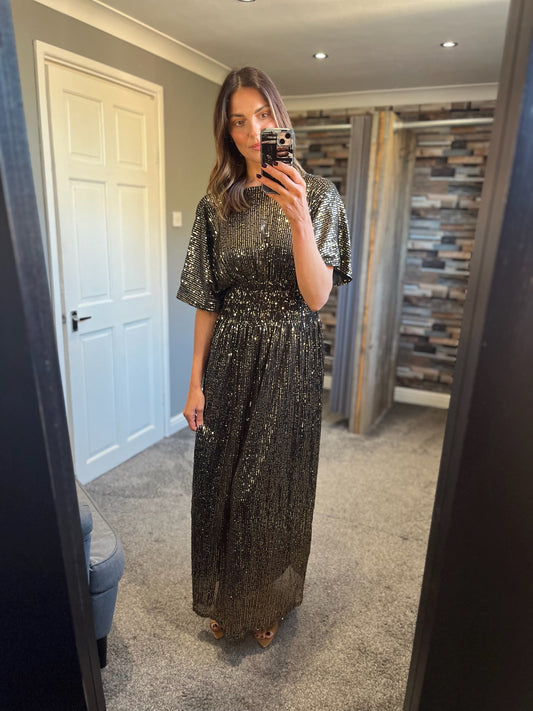 Sequin Crossover Slinky Dress - Gold