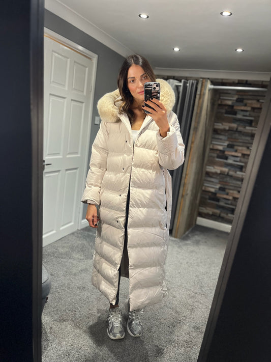 Padded Winter Coat with Fur Trim Hood & Belt