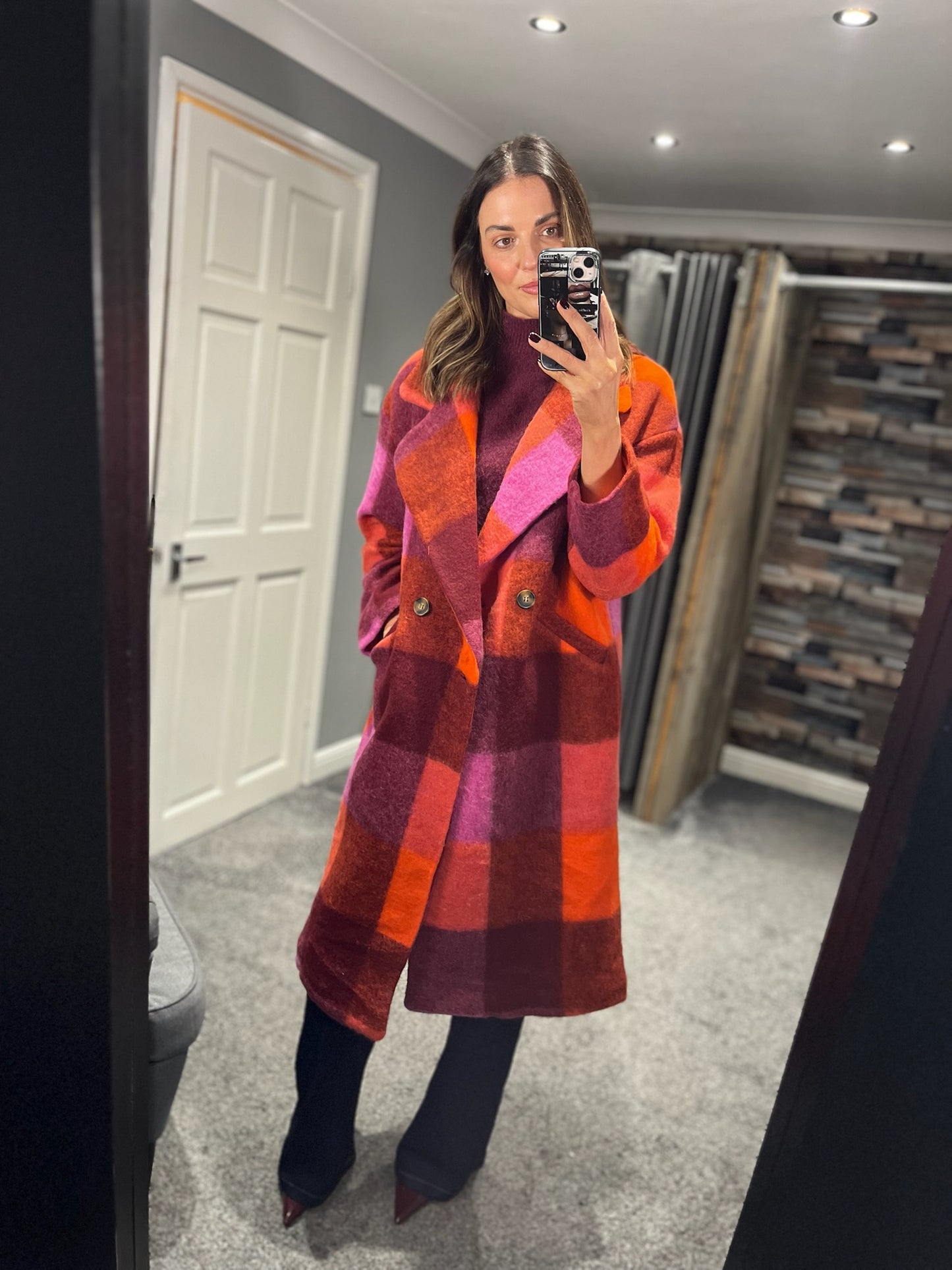 Checked Wool Coat - Pink