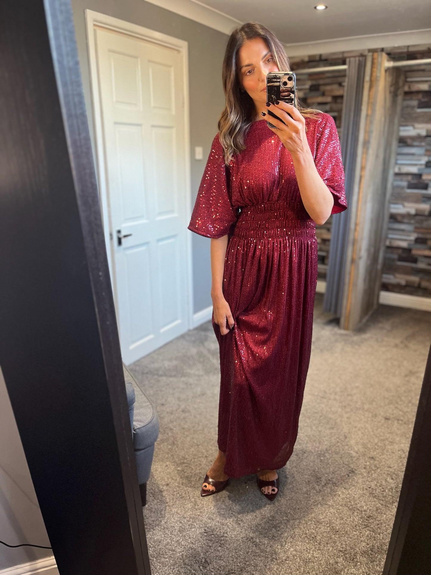 Sequin Crossover Slinky Dress - Wine