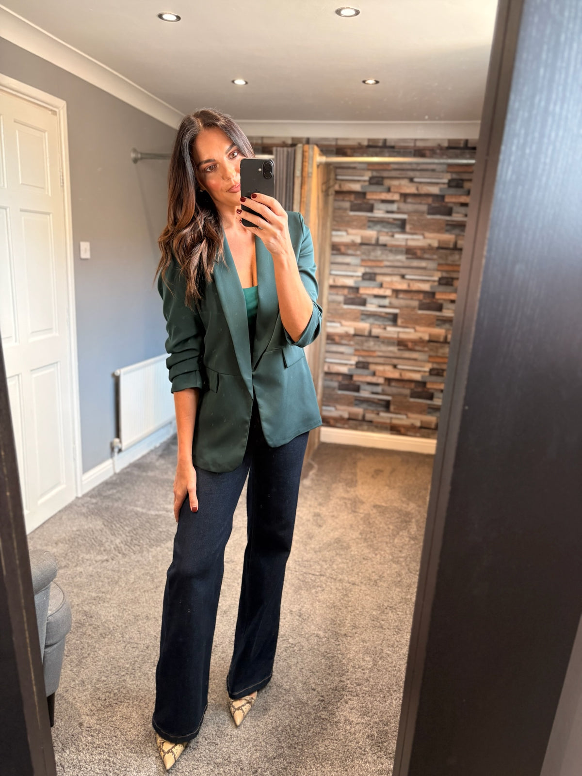 Ruched Sleeve Blazer - Forest Green