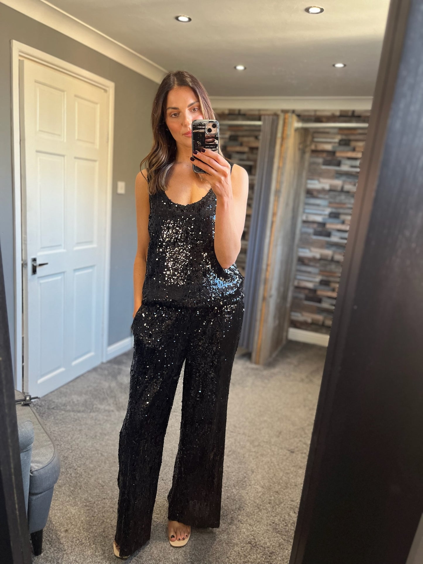 Sequin Wide Leg Trousers - Black
