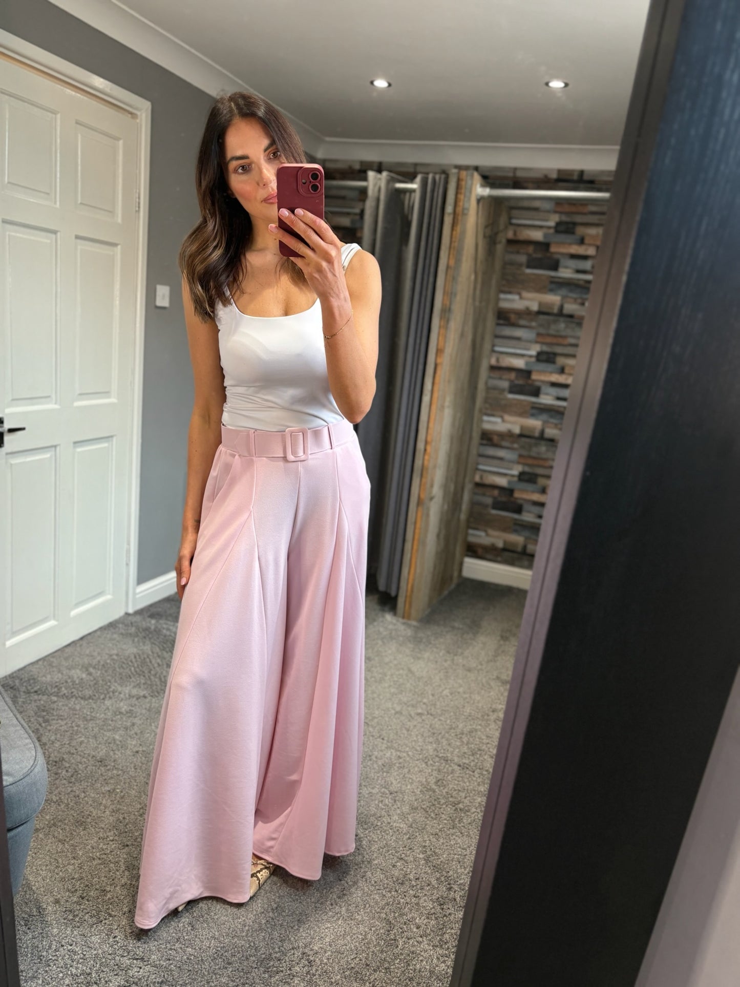 Wide Leg Belted Palazzo Trousers - Pink