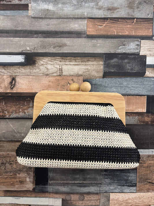 Wooden raffia clutch bag