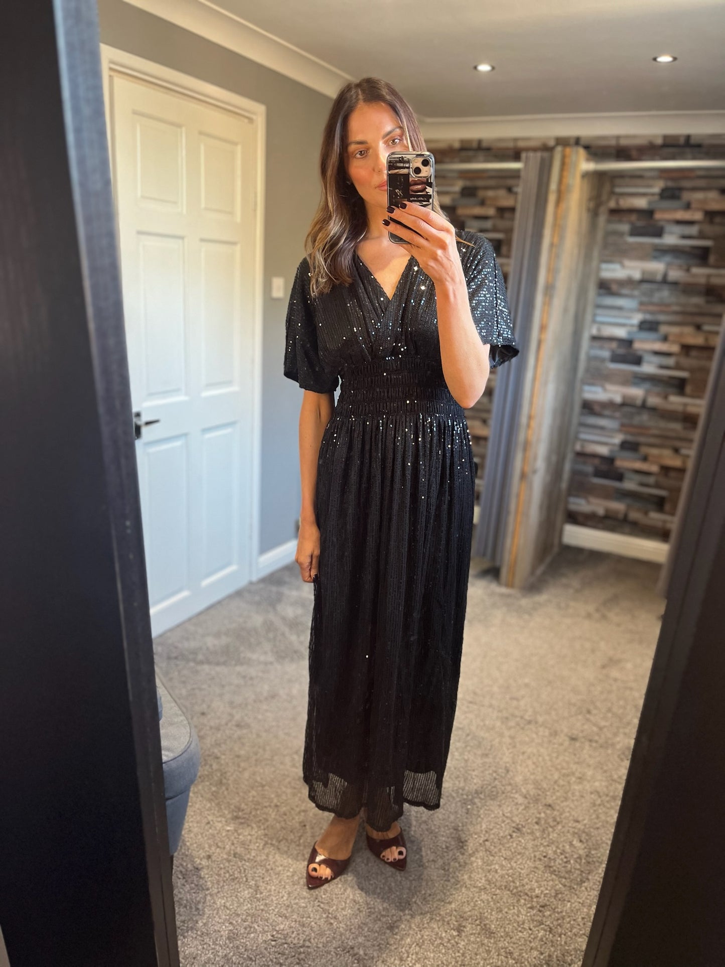 Sequin Crossover Slinky Dress - Black