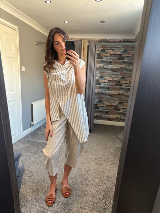 Linen Stripe Cowl Neck Sleeveless Jacket