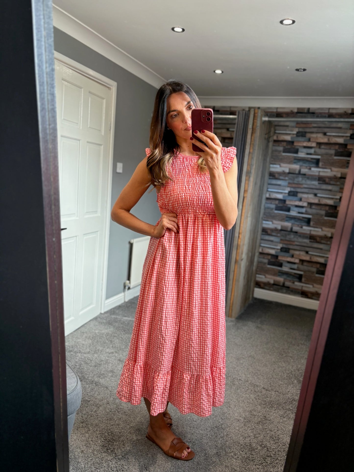 Gingham Shirred Midi Dress