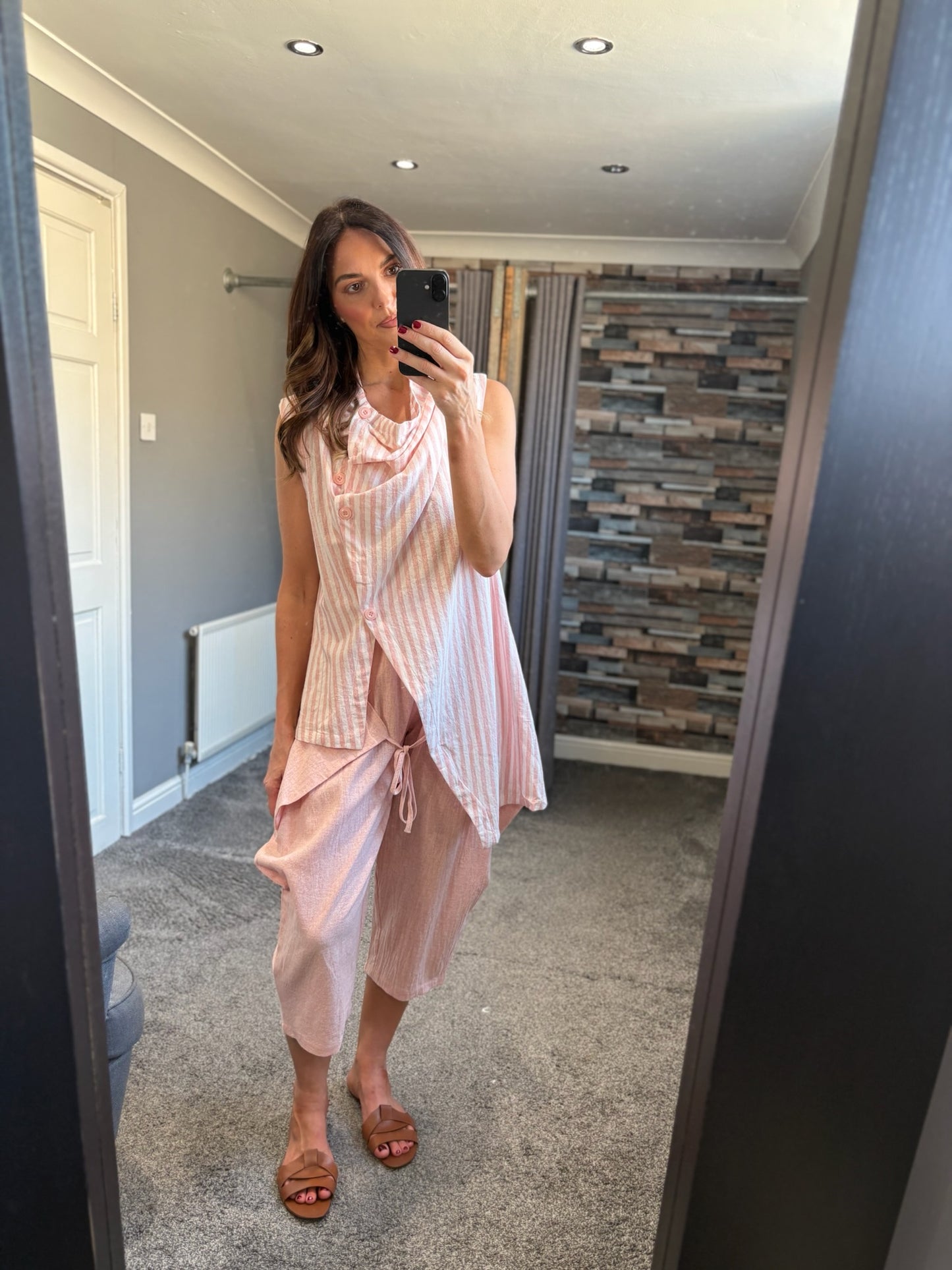 Linen Stripe Cowl Neck Sleeveless Jacket