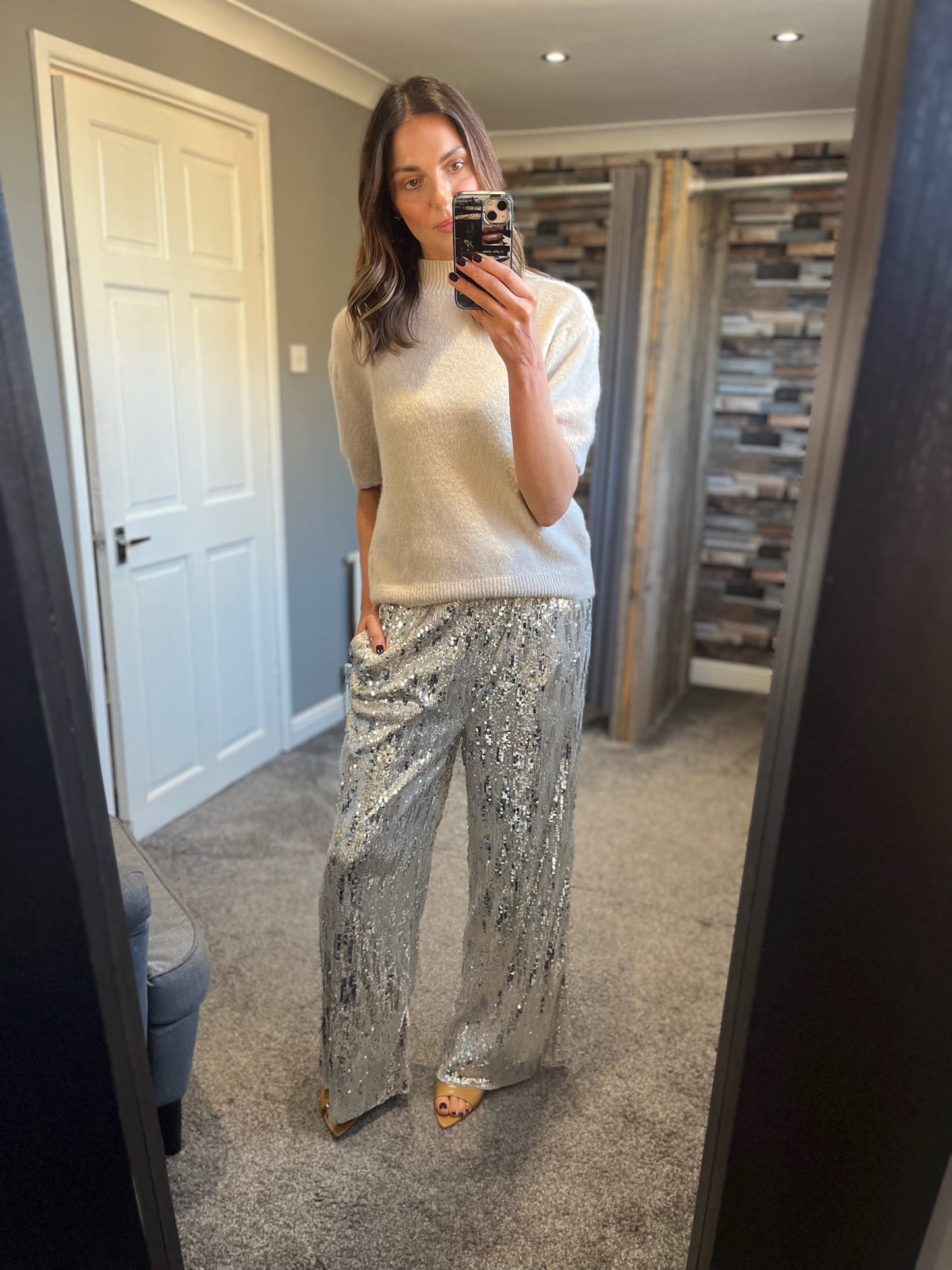 Sequin Wide Leg Trousers - Ice