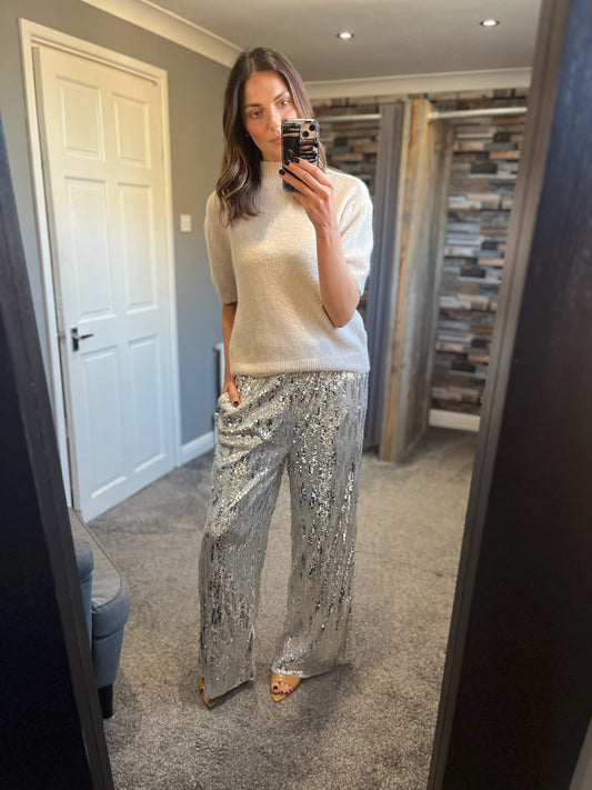Sequin Wide Leg Trousers - Ice
