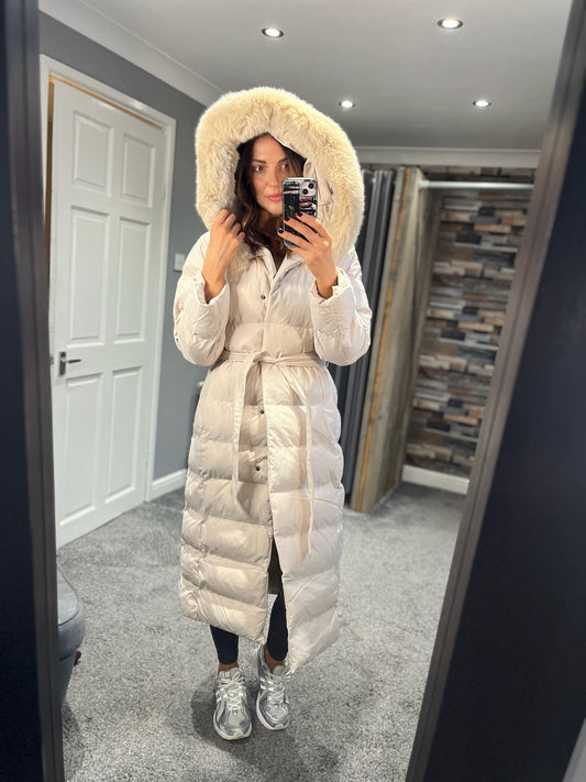 Padded Winter Coat with Fur Trim Hood & Belt