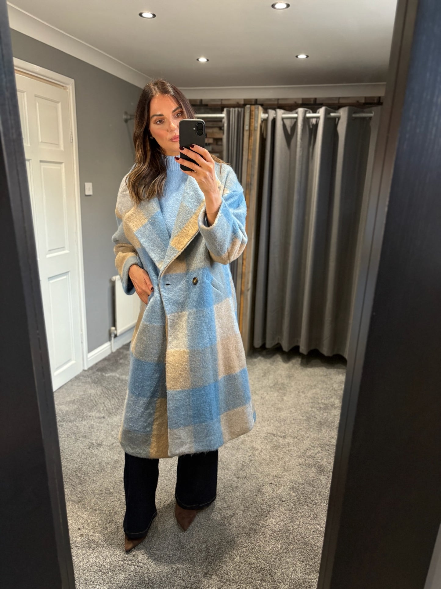 Checked Wool Coat - Blue