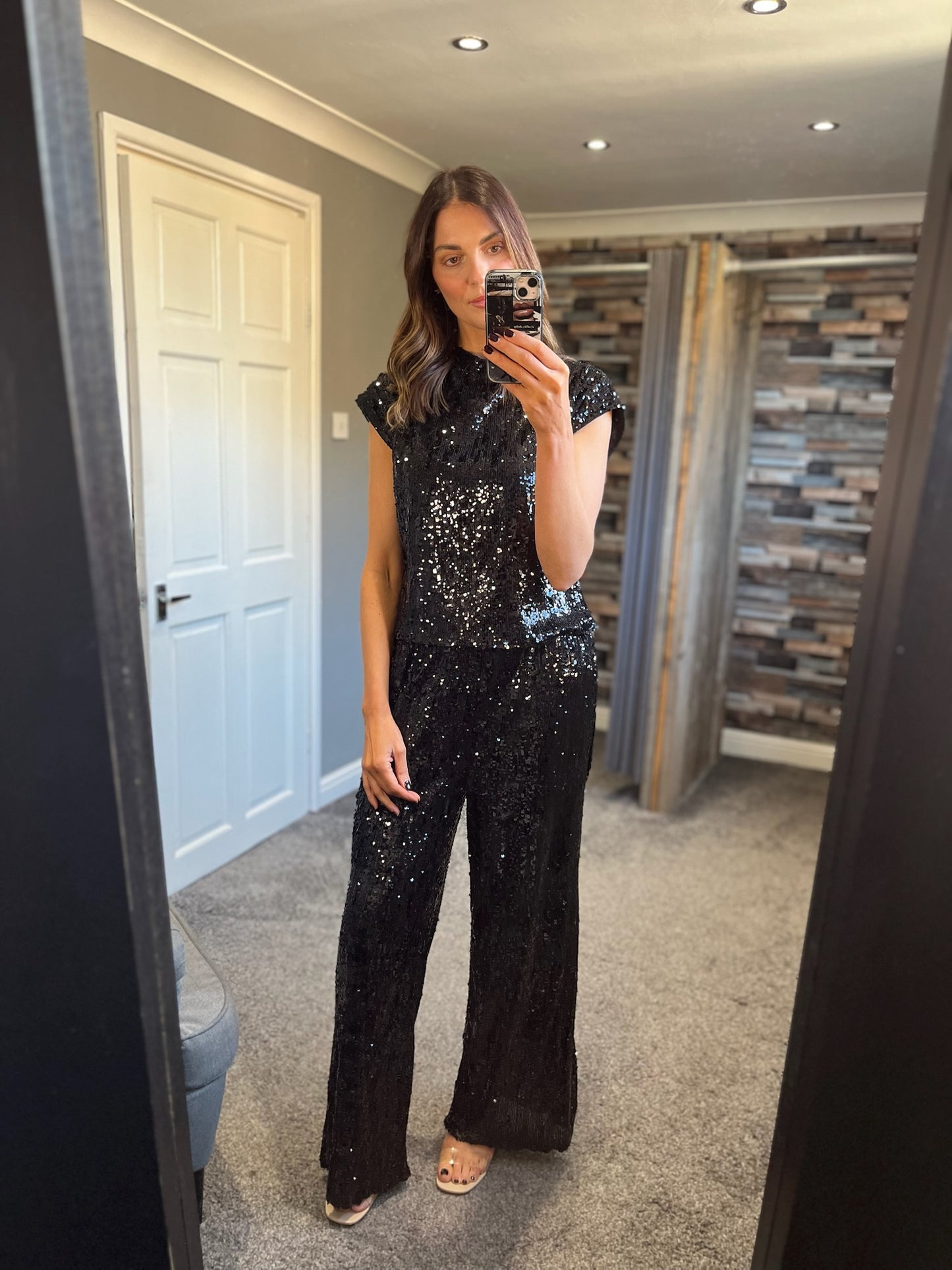 Sequin Wide Leg Trousers - Black