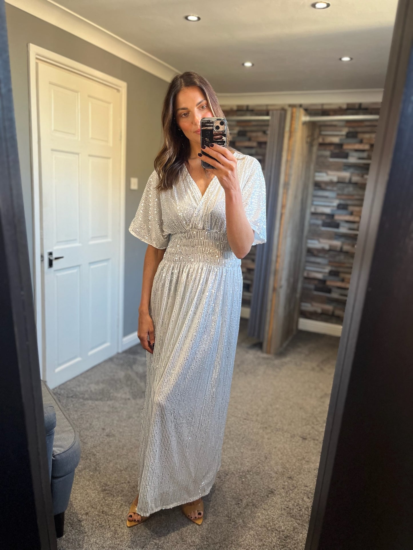 Sequin Crossover Slinky Dress - White