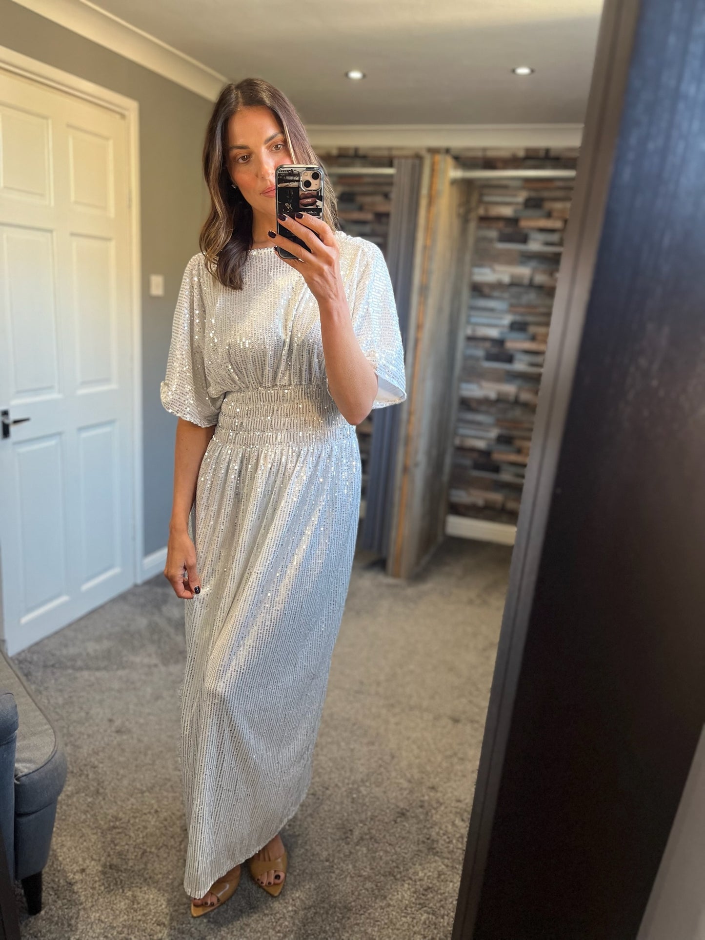 Sequin Crossover Slinky Dress - White