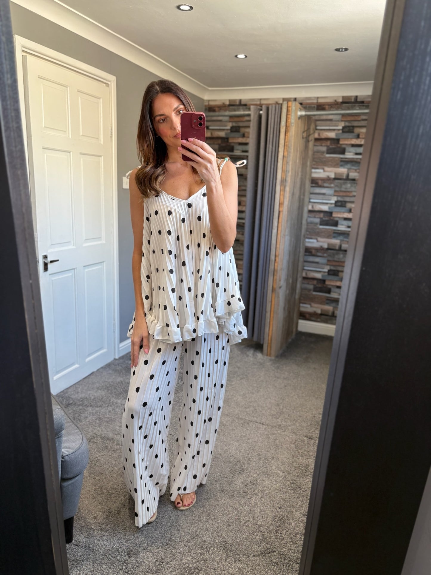 Wide Leg Trousers - Spotty Pleated