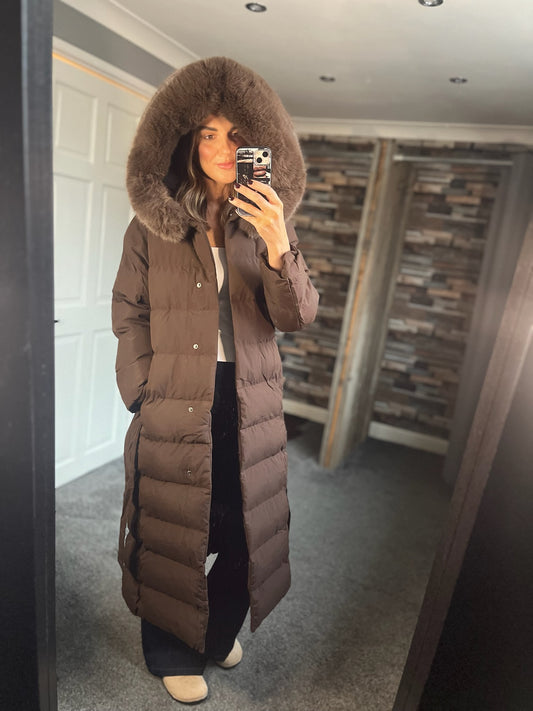 Padded Winter Coat with Fur Trim Hood & Belt