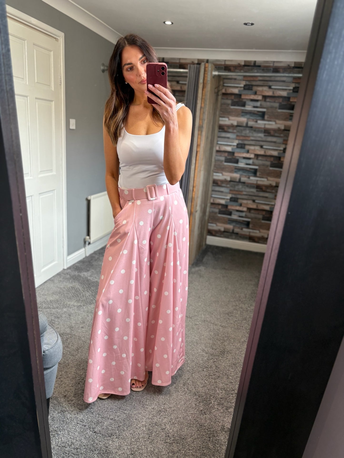 Wide Leg Belted Palazzo Trousers - Spotty