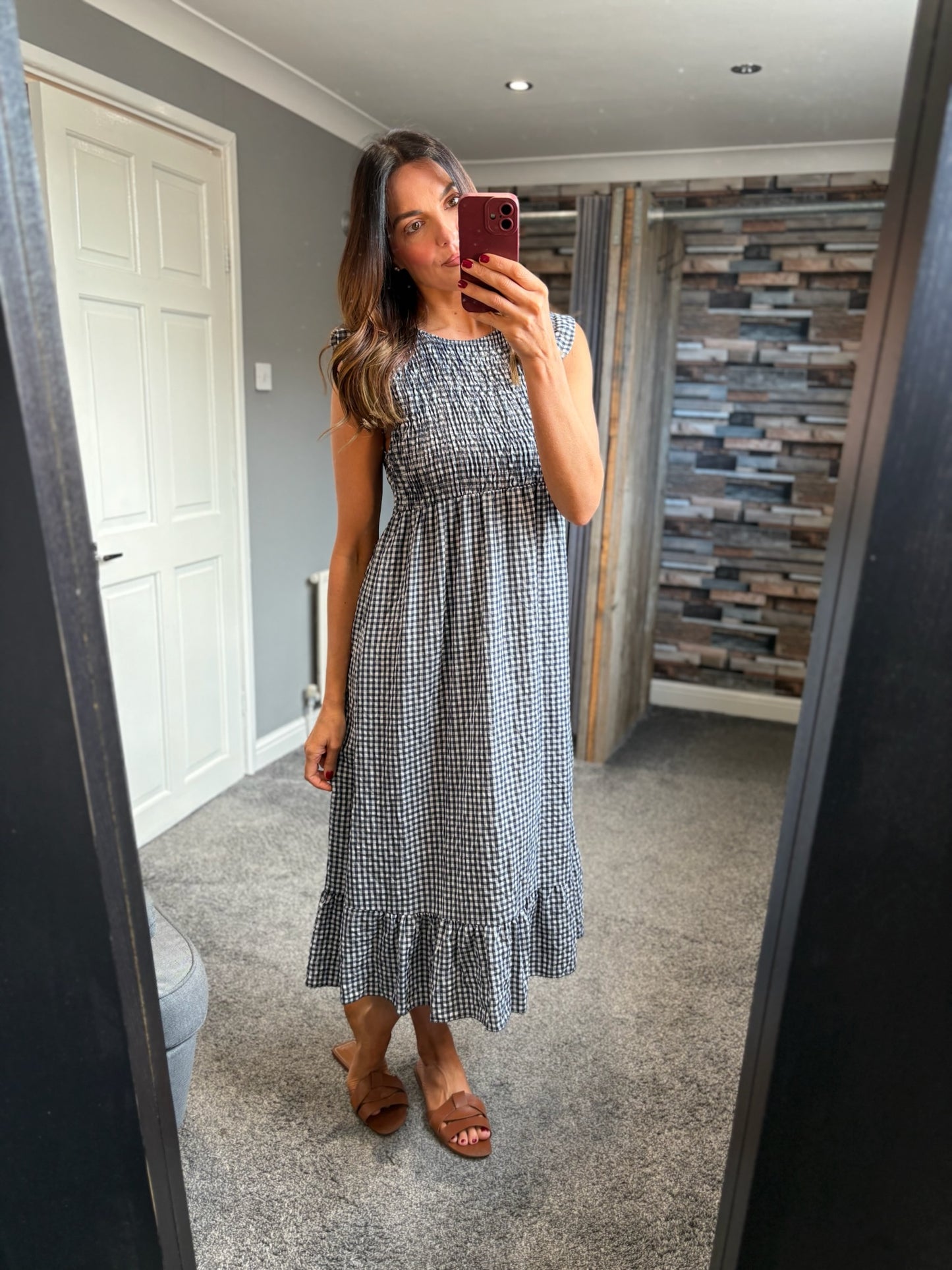 Gingham Shirred Midi Dress