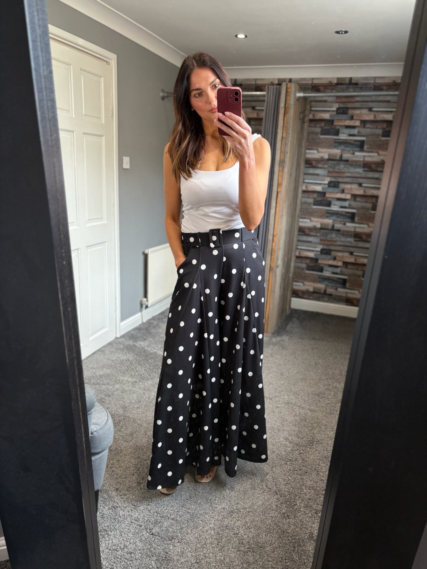 Wide Leg Belted Palazzo Trousers - Spotty