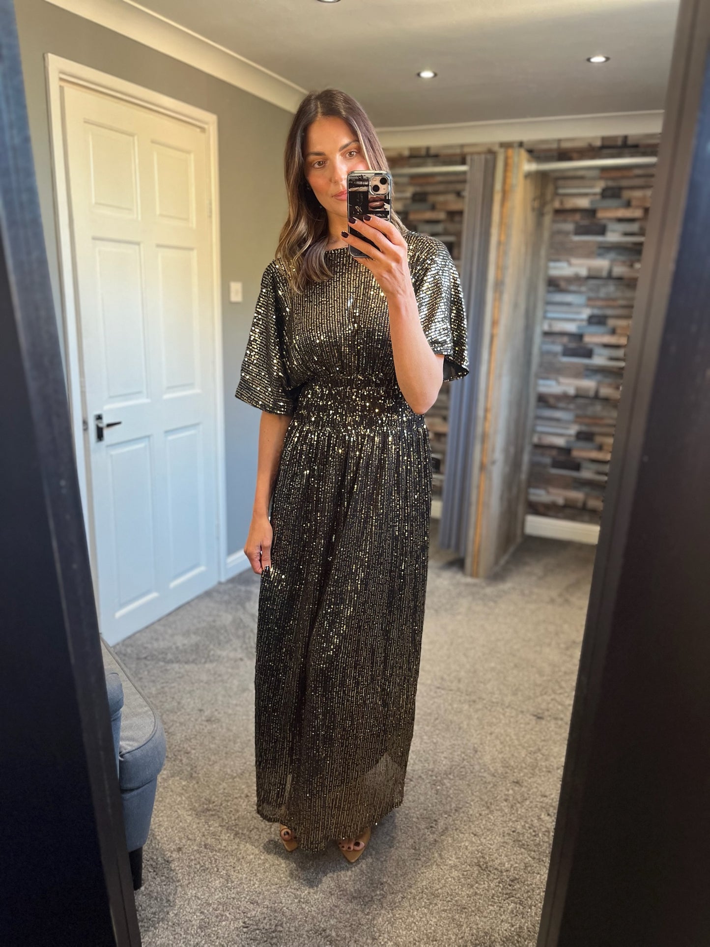 Sequin Crossover Slinky Dress - Gold