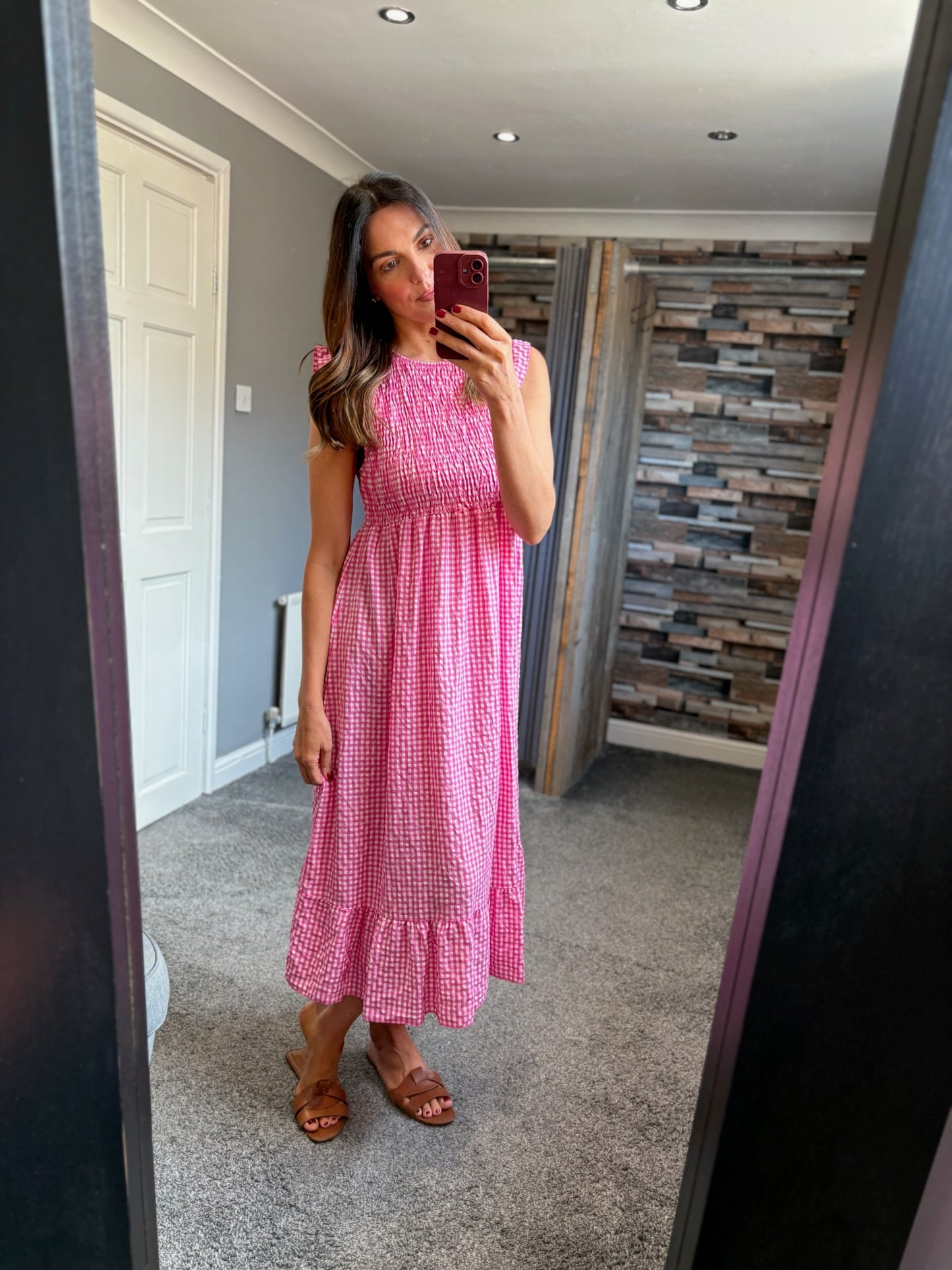Gingham Shirred Midi Dress