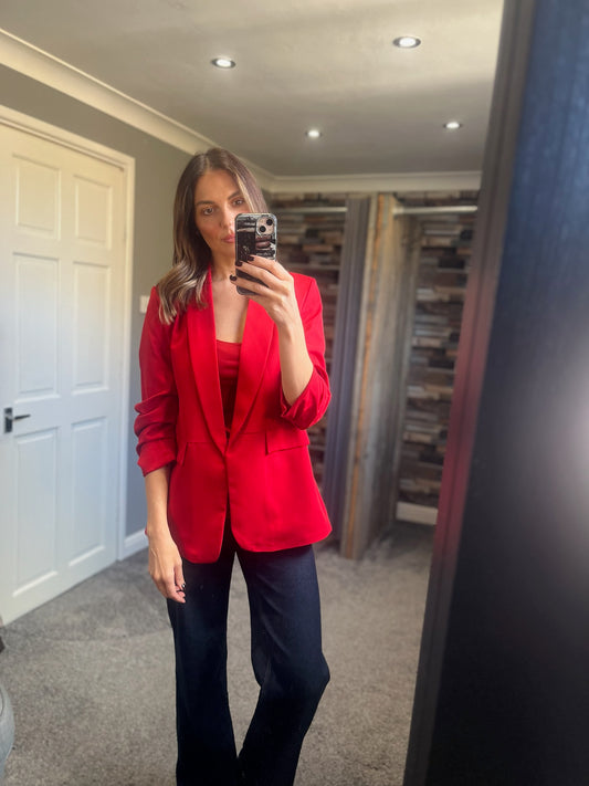 Ruched Sleeve Blazer - Red
