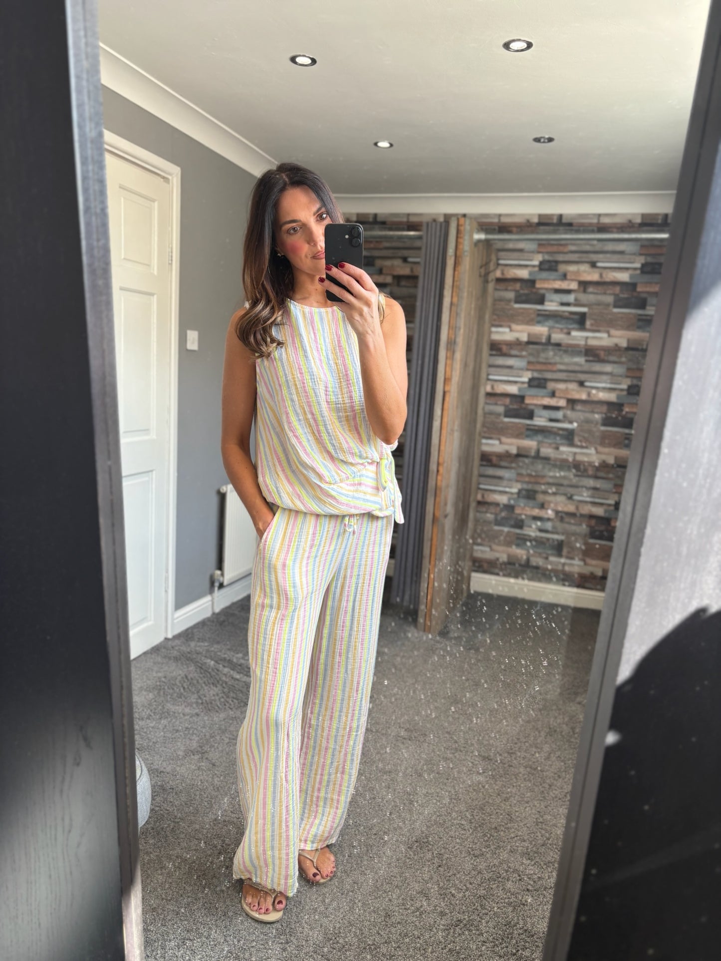 Side Tie Stripe Cheesecloth Coord