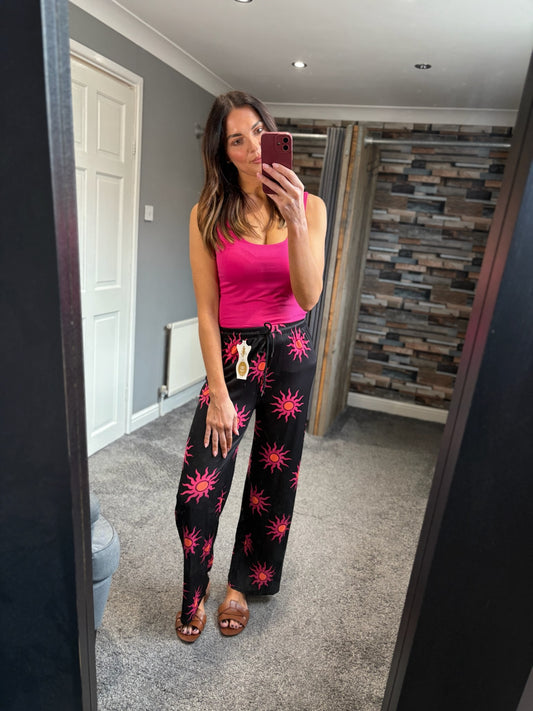Wide Leg Trousers - Neon Sun Print