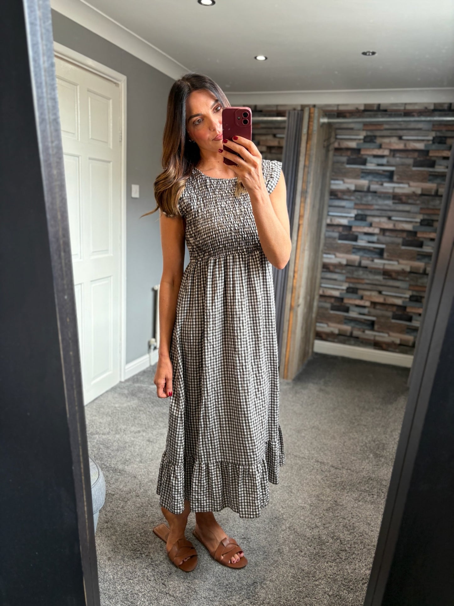 Gingham Shirred Midi Dress