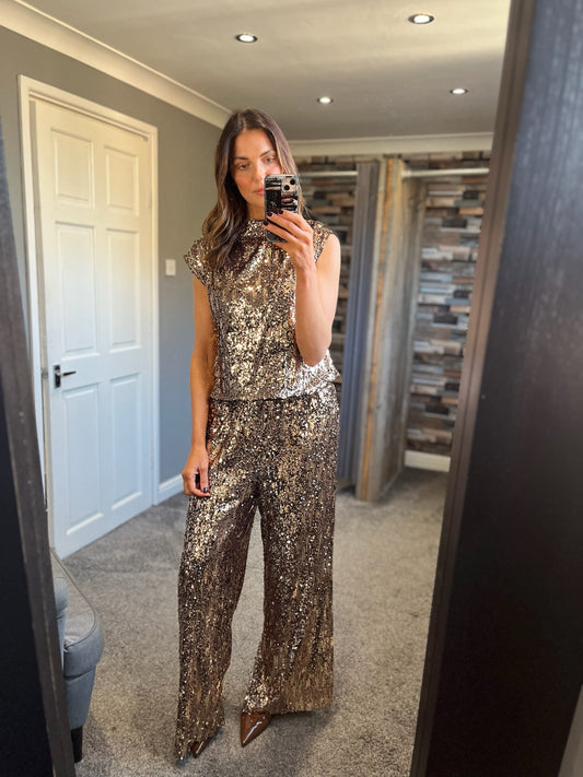 Sequin Wide Leg Trousers - Bronze