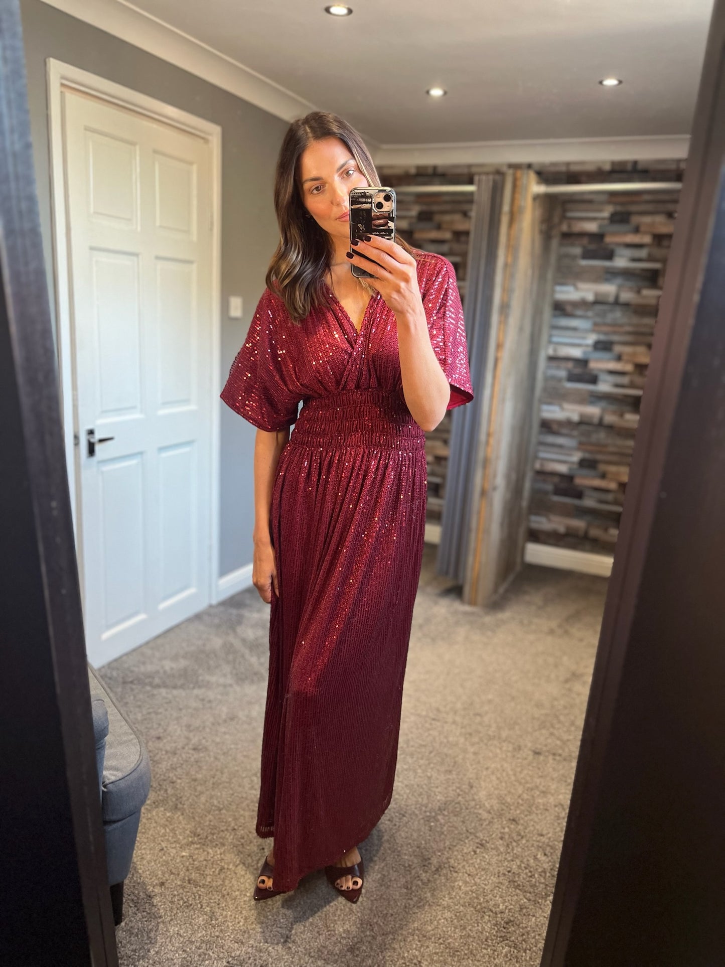 Sequin Crossover Slinky Dress - Wine
