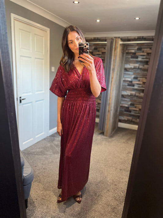 Sequin Crossover Slinky Dress - Wine