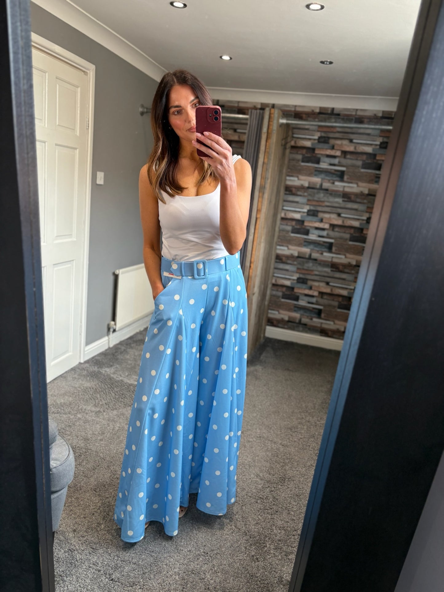 Wide Leg Belted Palazzo Trousers - Spotty