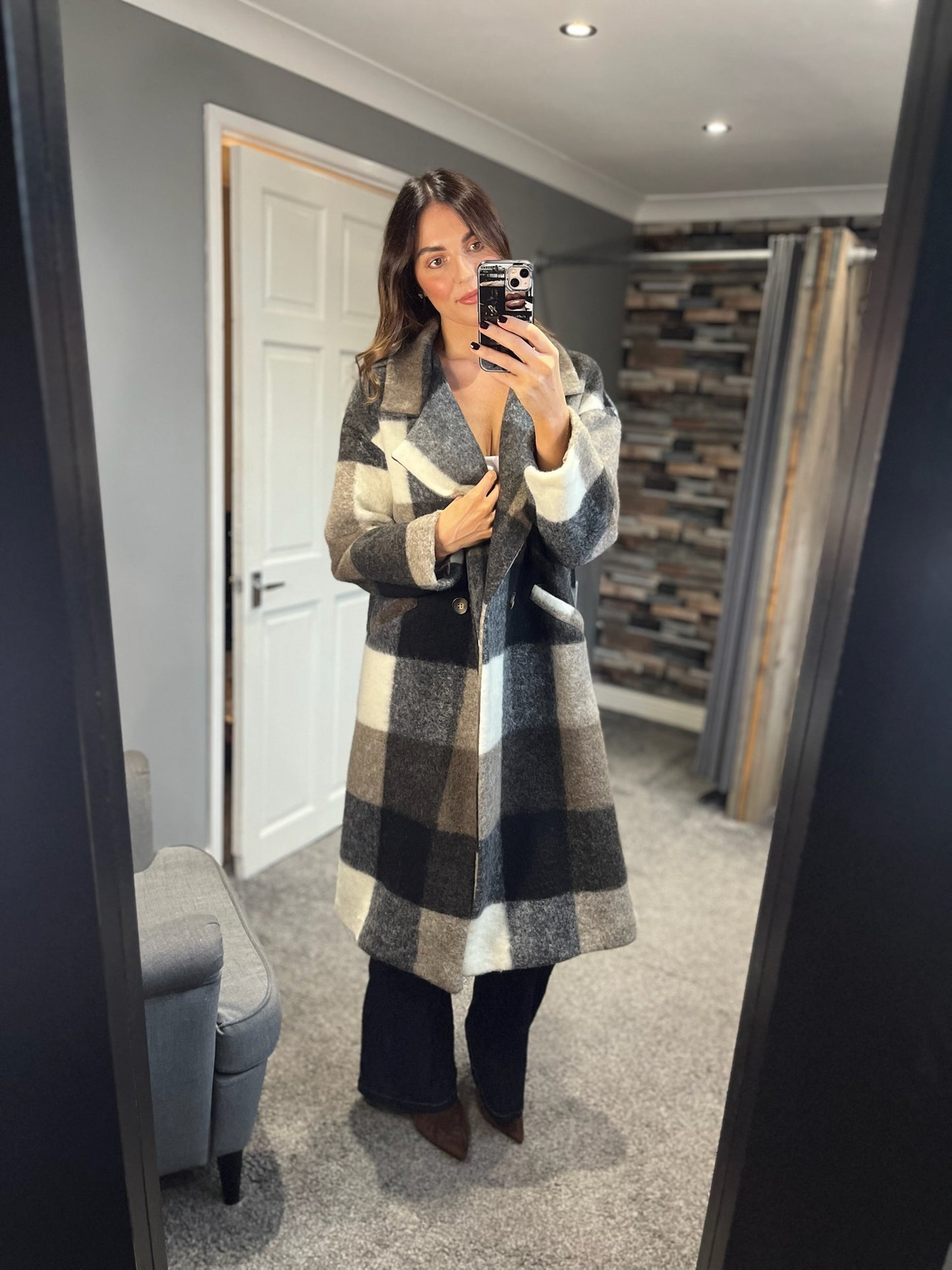 Checked Wool Coat - Taupe