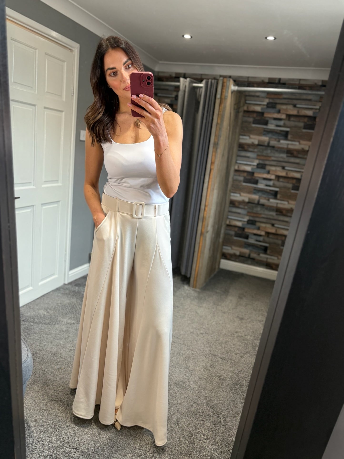 Wide Leg Belted Palazzo Trousers - Cream