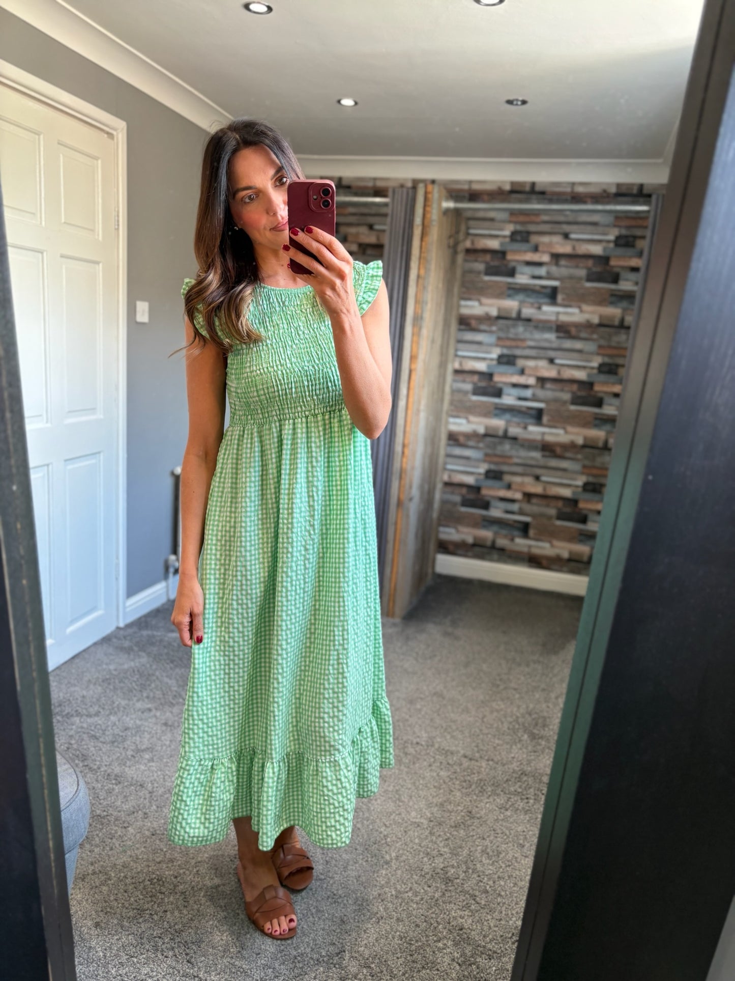 Gingham Shirred Midi Dress