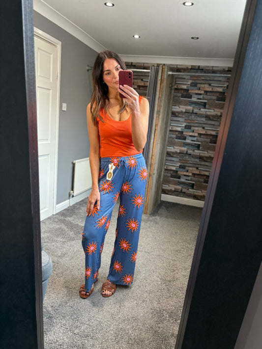 Wide Leg Trousers - Neon Sun Print