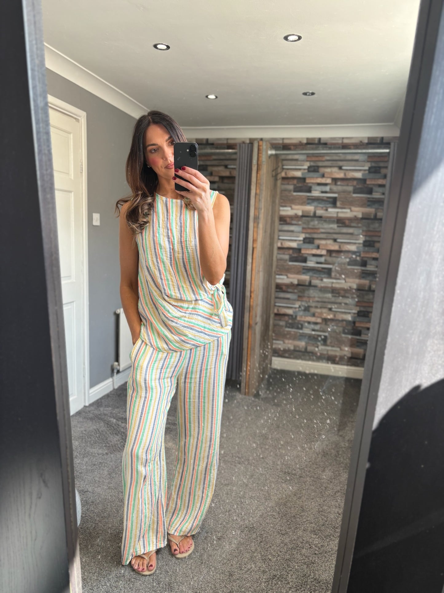 Side Tie Stripe Cheesecloth Coord