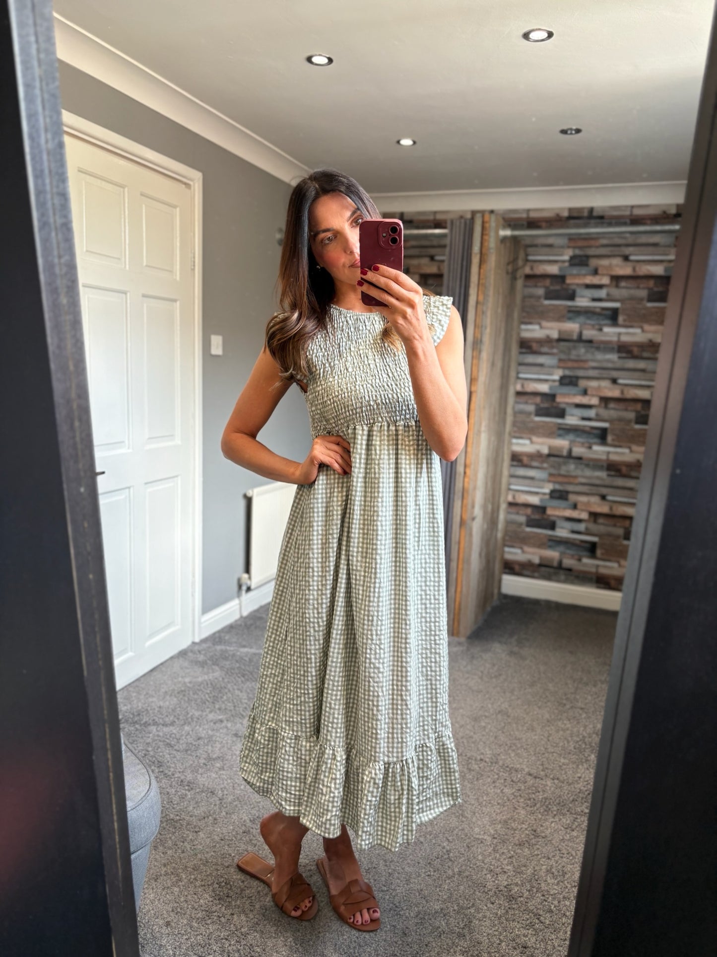 Gingham Shirred Midi Dress