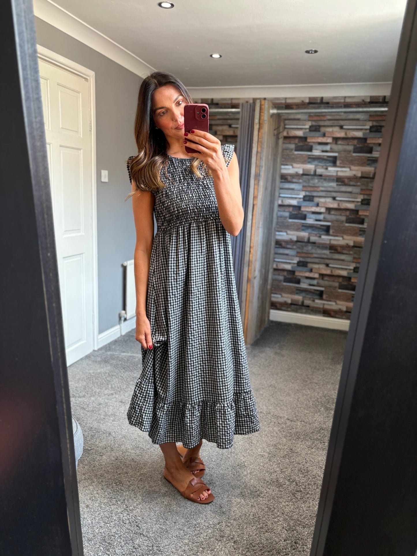 Gingham Shirred Midi Dress