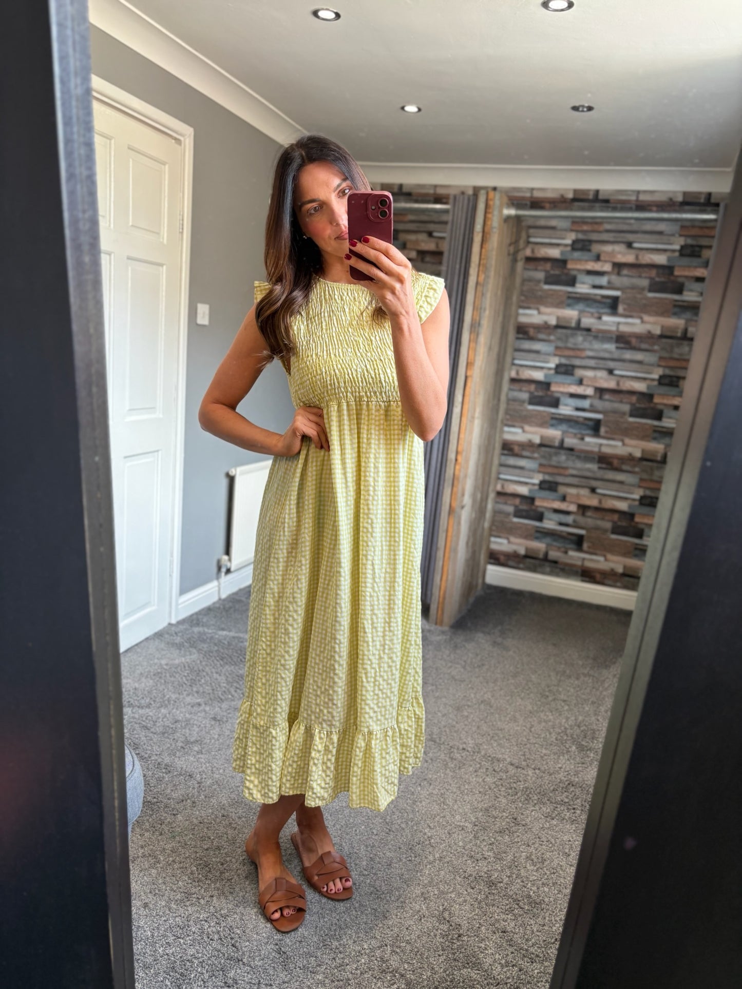 Gingham Shirred Midi Dress