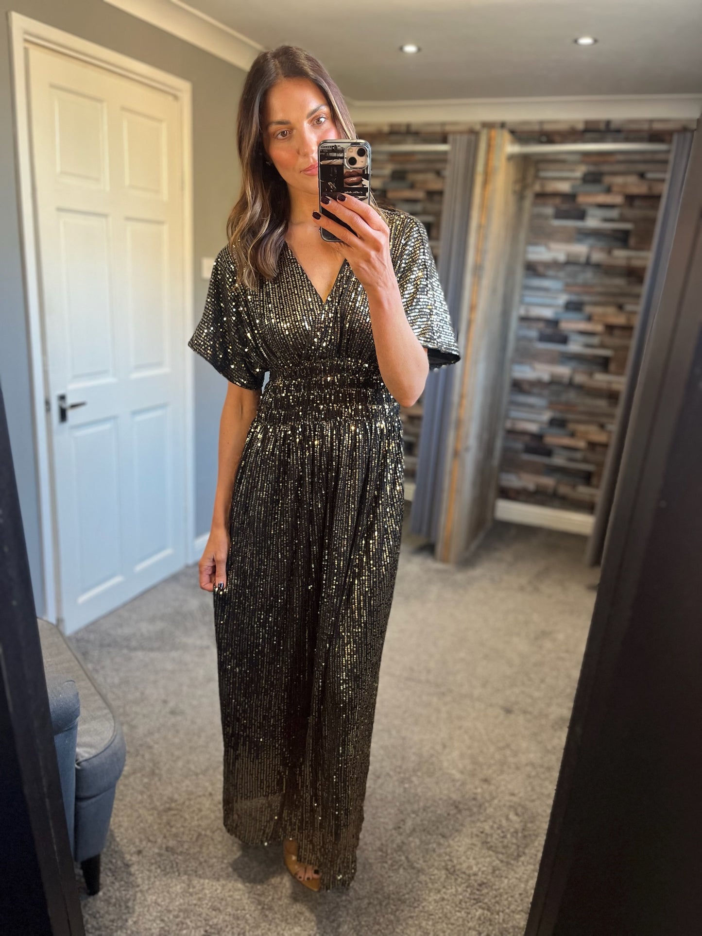 Sequin Crossover Slinky Dress - Gold