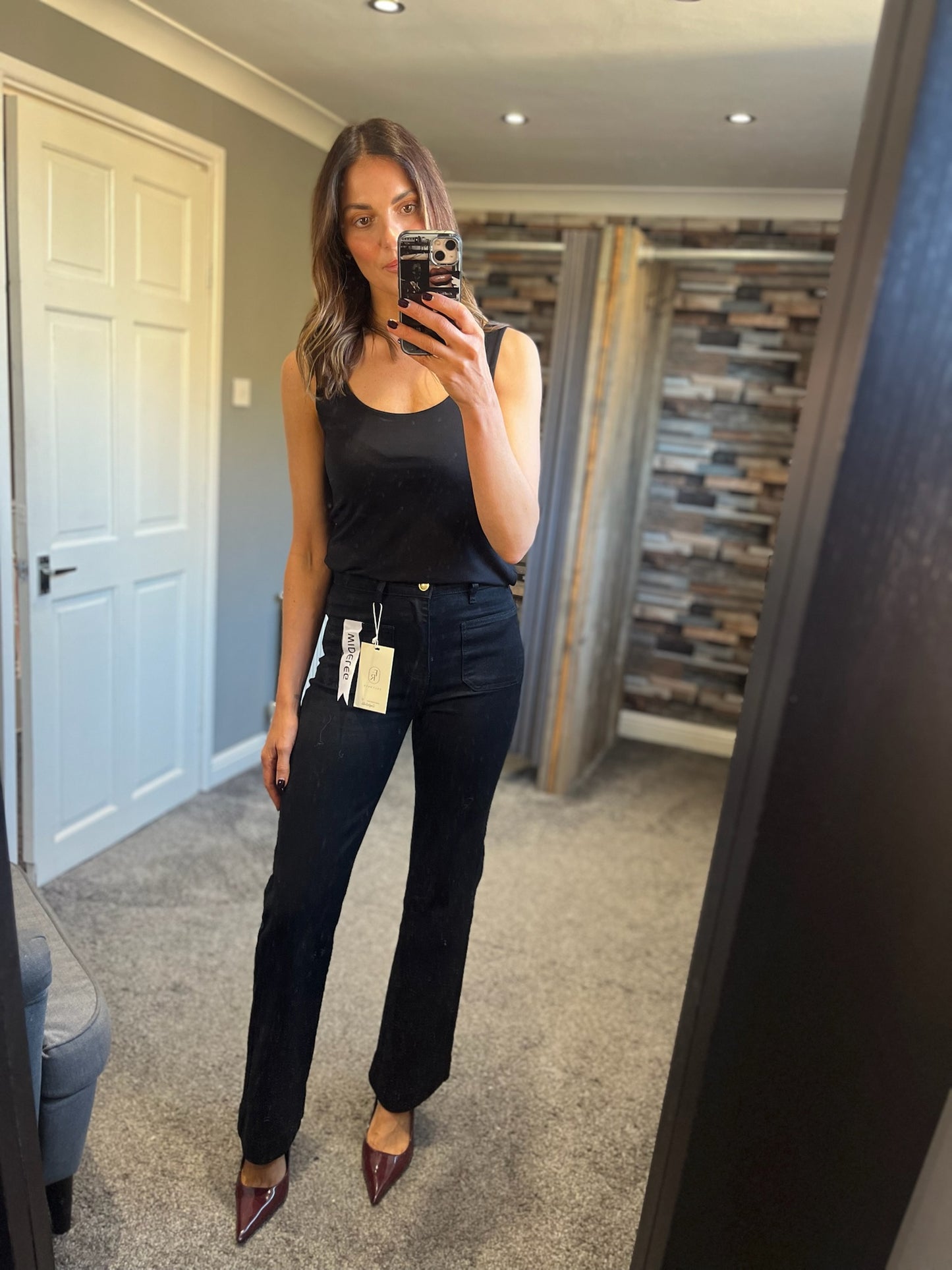 Zip & Pocket Detail Wide Leg Jeans - Black