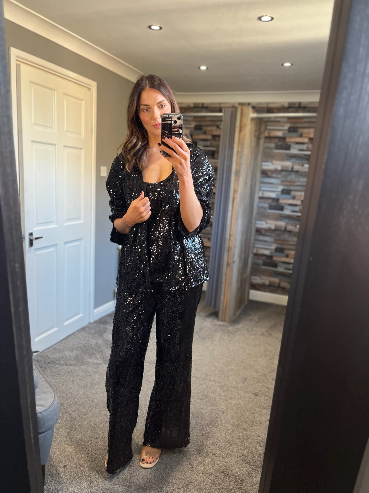 Sequin Wide Leg Trousers - Black